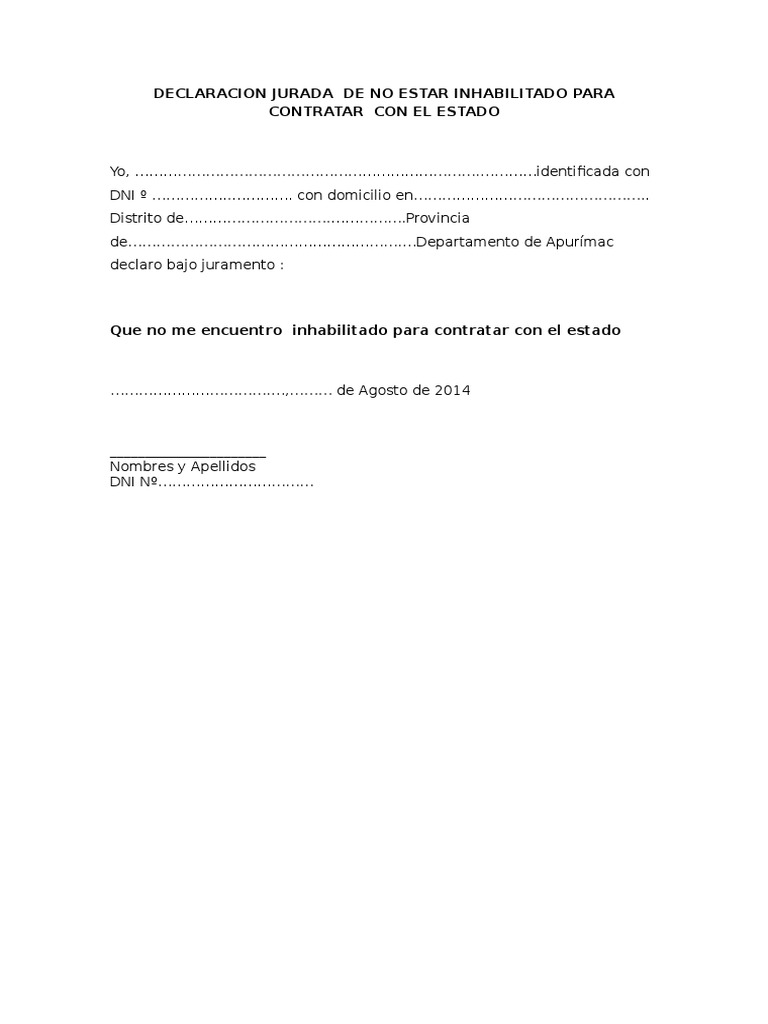 DECLARACION JURADA de No Estar Inhabilitado PARA LOS PROPIETARIOS DE ...