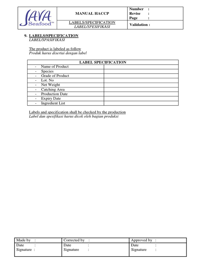 HACCP Manual: Label Specifications Guide | PDF