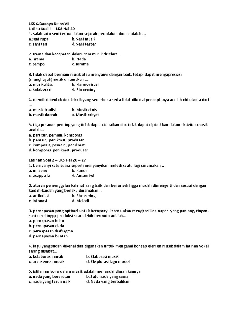 Soal Seni Musik Kls 7 Bernyanyi Unisono