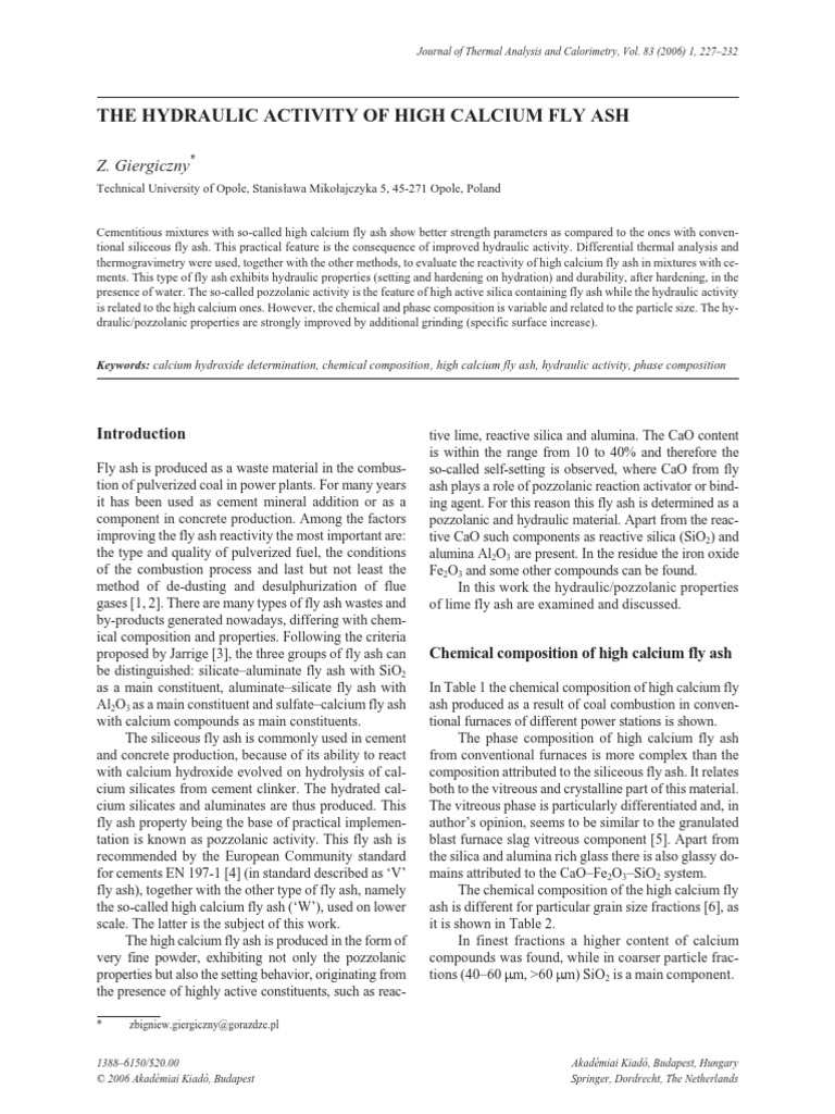 The Hydraulic Activity of High Calcium Fly ASH | PDF | Fly Ash ...