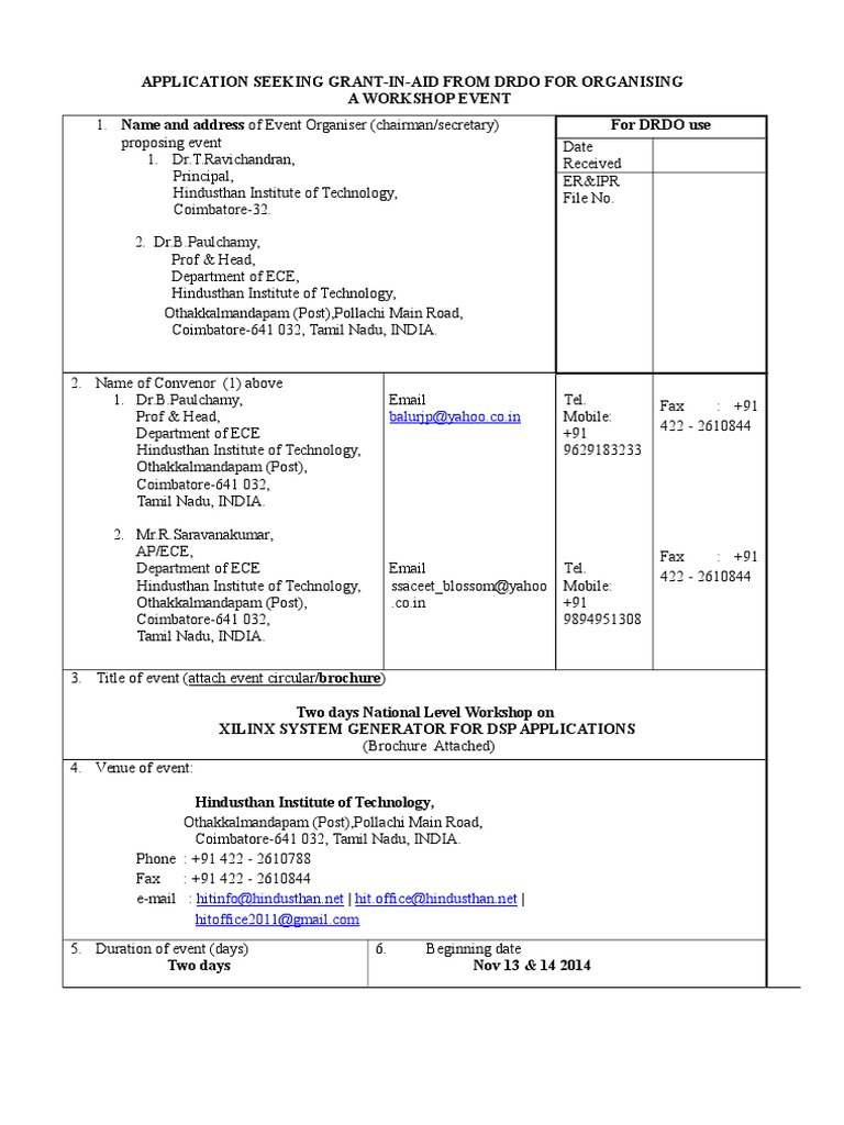 Application Seeking Grant In Aid From Drdo For Organising A Workshop