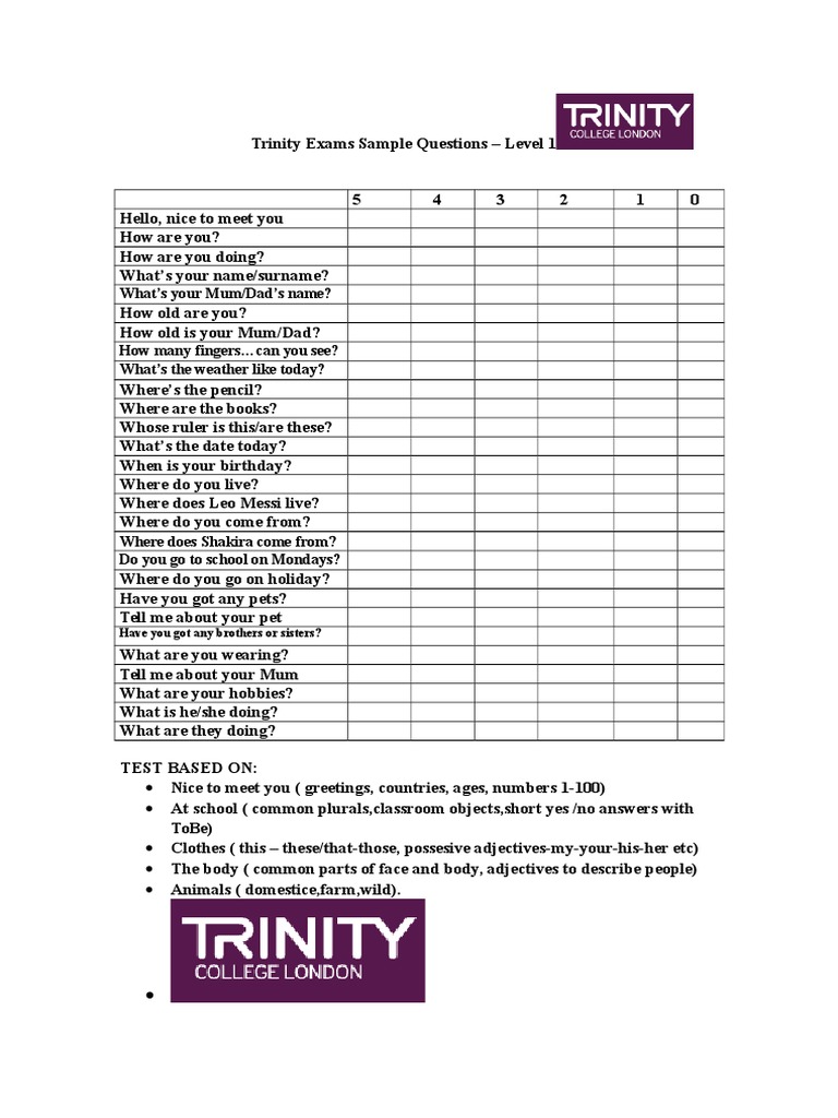 Trinity Level 1 Exam Sample Questions | PDF | Syntactic Relationships ...