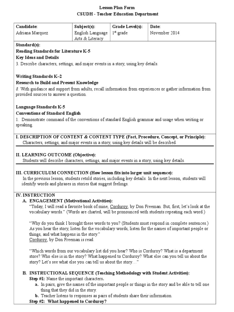 Literature Lesson Plan 1st Grade Am Lesson Plan Educational Assessment