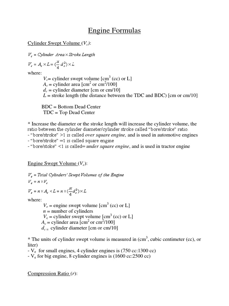Engine Formulas: Cylinder Swept Volume (V | Download Free PDF ...