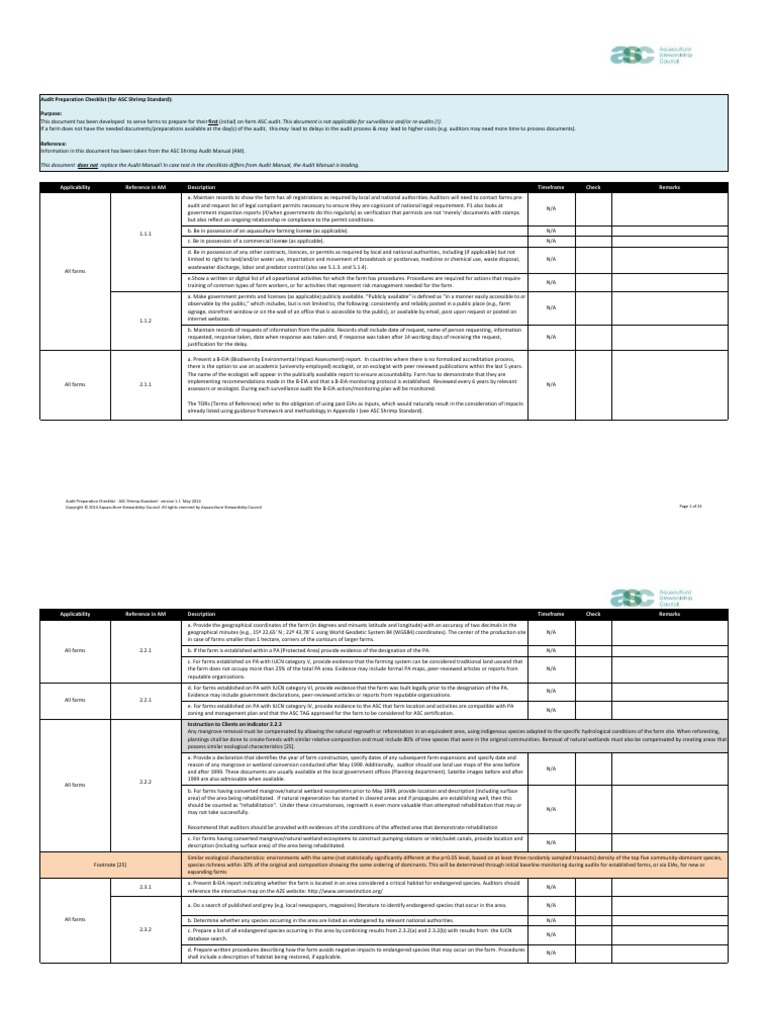 ASC Audit Preparation Checklist Shrimp v1.1 | PDF | Overtime | Employment