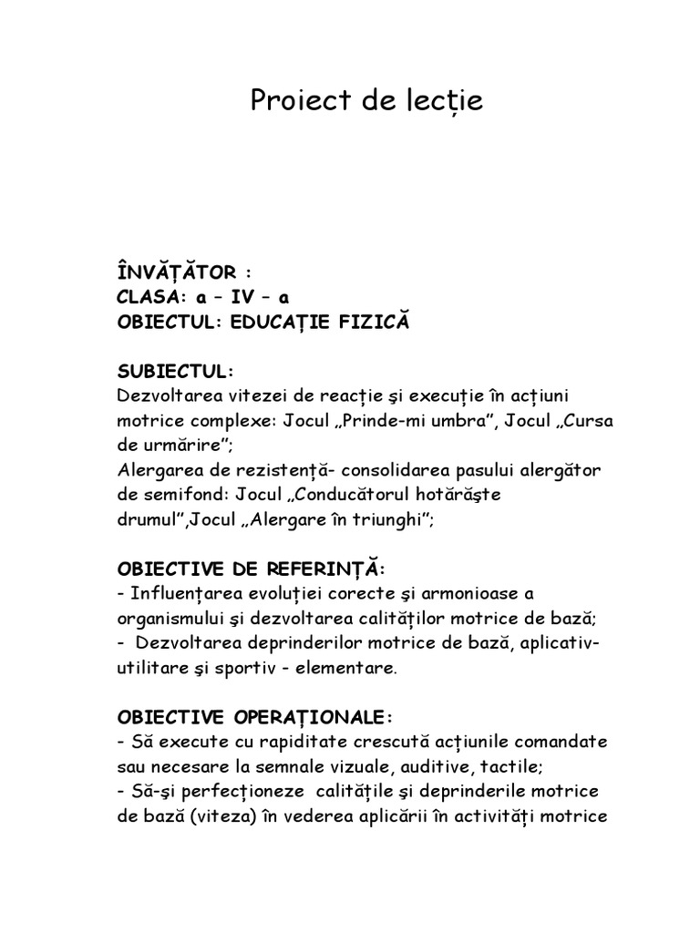 Proiect De Lecti Educatie Fizica