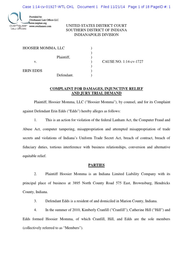 Hoosier Momma LLC v. Erin Edds Lawsuit | PDF | Trade Secret | Injunction