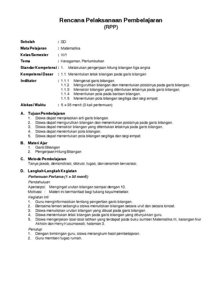 Rencana Pelaksanaan Pembelajaran Matematika SD Kelas 3
