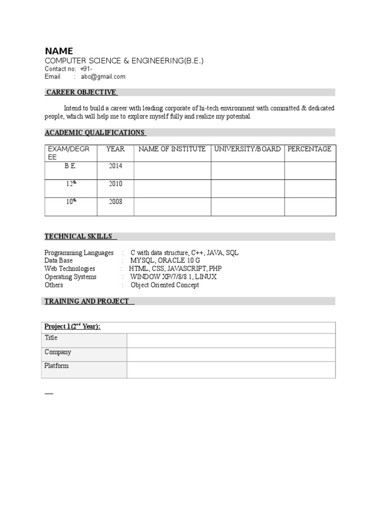 Computer Science & Engineering (B.E.) : Career Objective | PDF