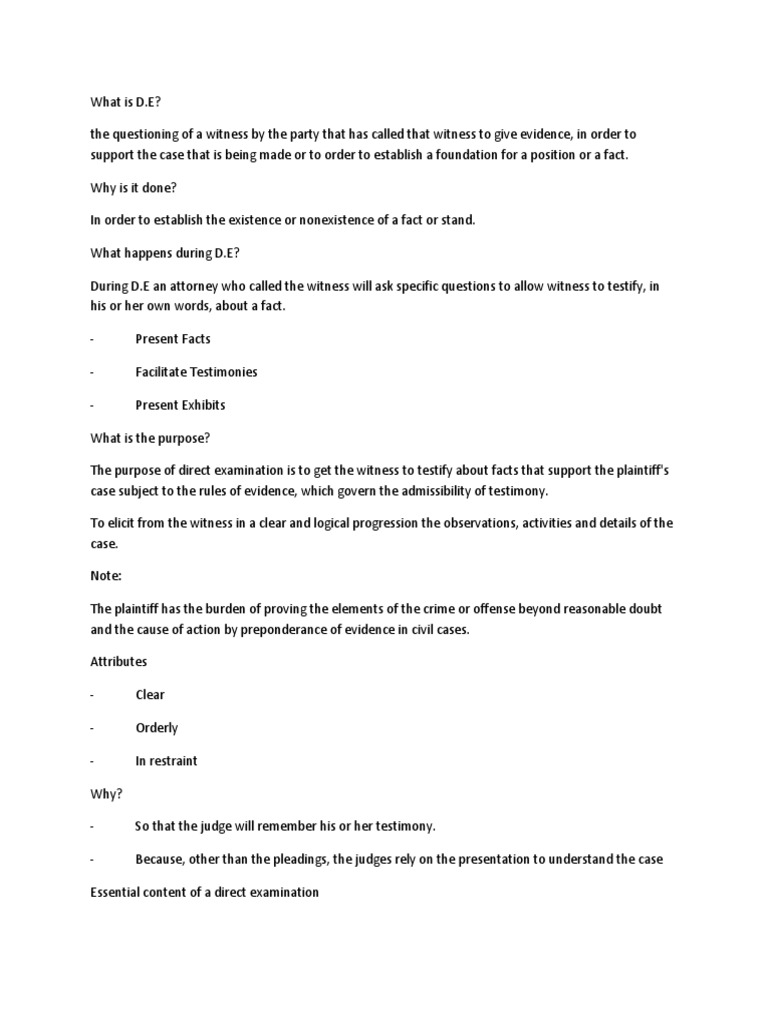 Notes On Direct Examination | PDF | Witness | Testimony