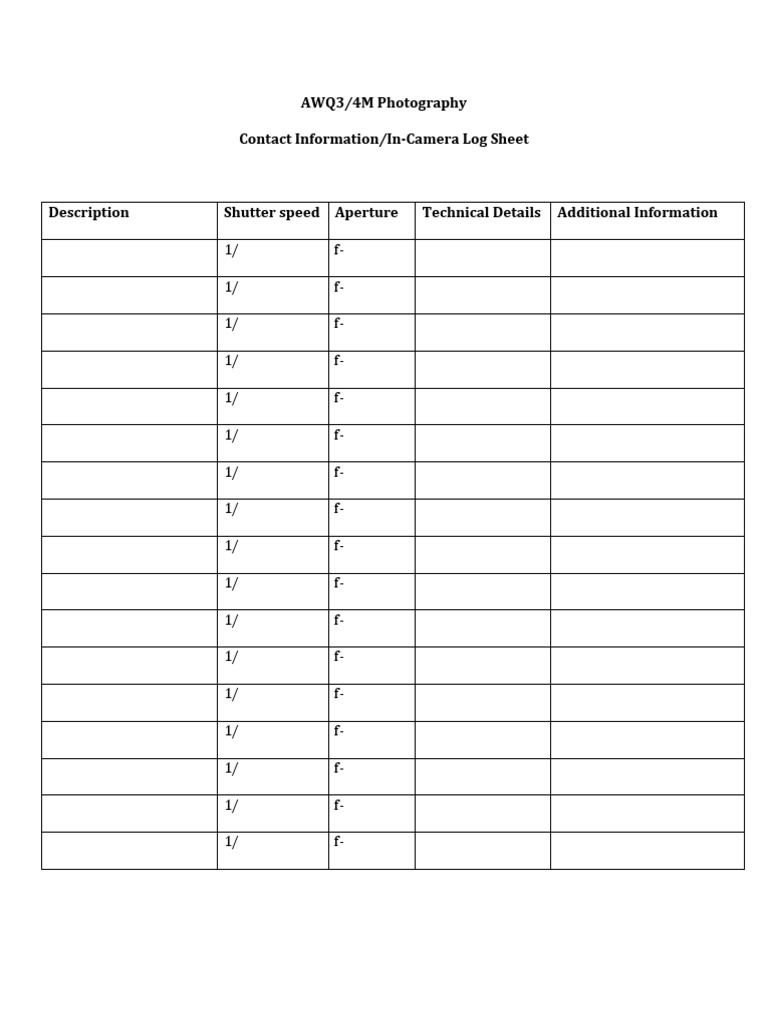 AWQ3/4M Photography Contact Information/InCamera Log Sheet PDF