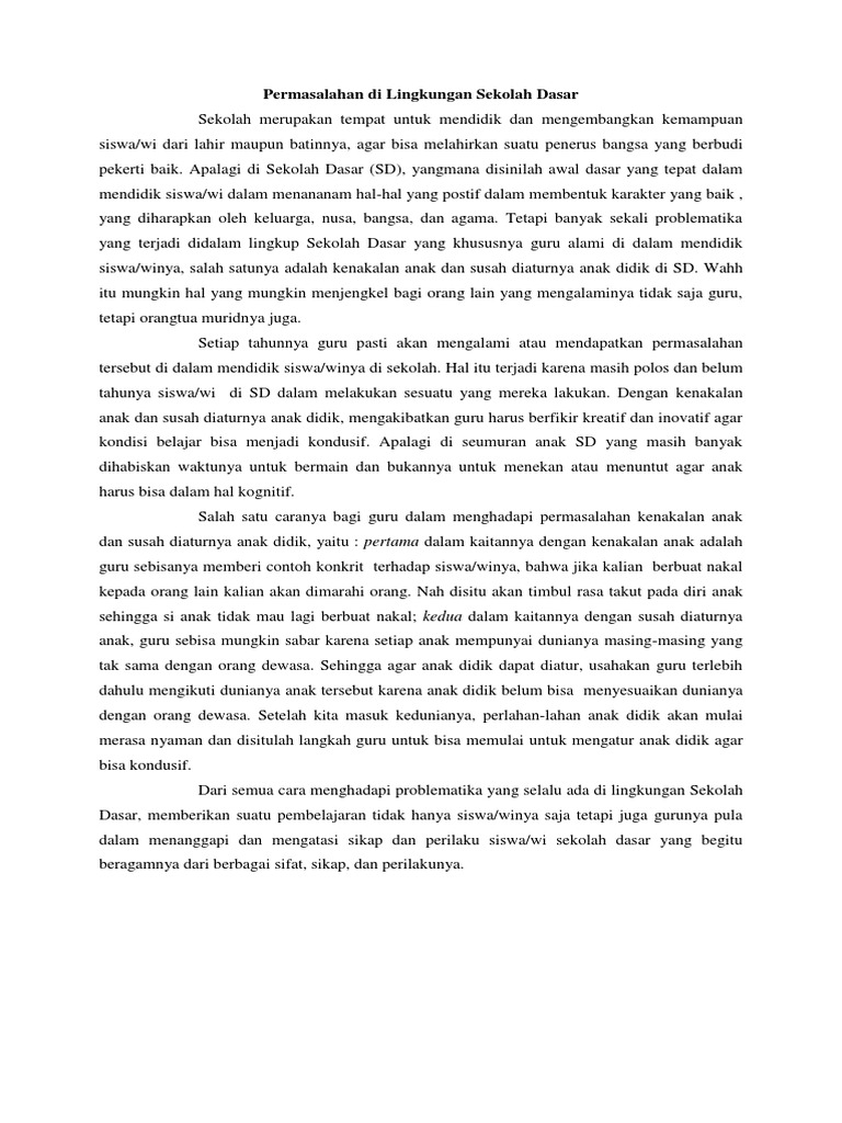 Artikel Permasalahan Di Lingkungan Sekolah Dasar