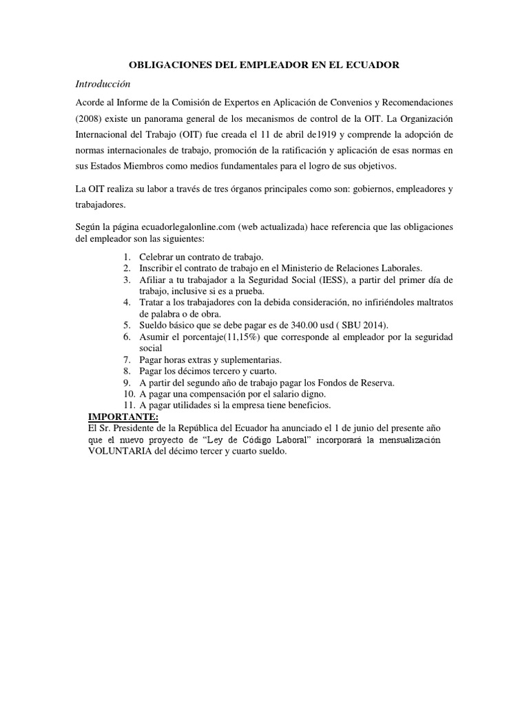 Obligaciones del Empleador en Ecuador | PDF | Derecho laboral ...