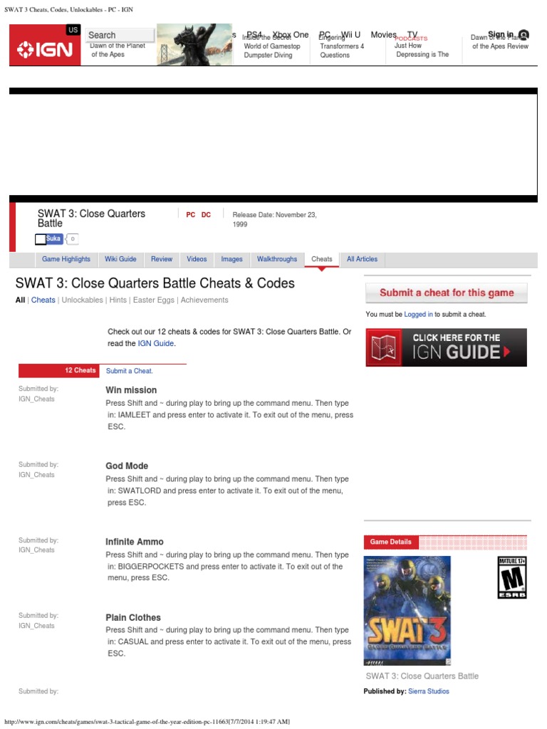 SWAT 3 Cheats, Codes, Unlockables - PC - IGN | PDF | Cheating In Video ...