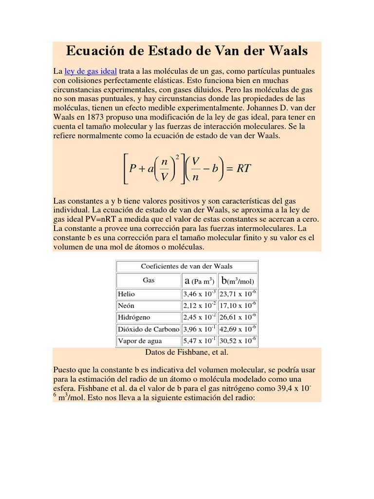 Ecuación de Estado de Van Der Waals | PDF | Gases | Mole (Unidad)