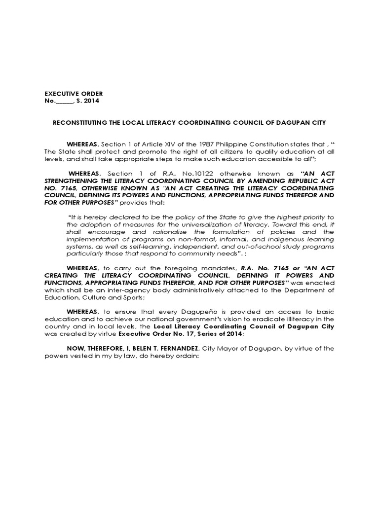 Executive Order Reconstituting The Local Literacy Council
