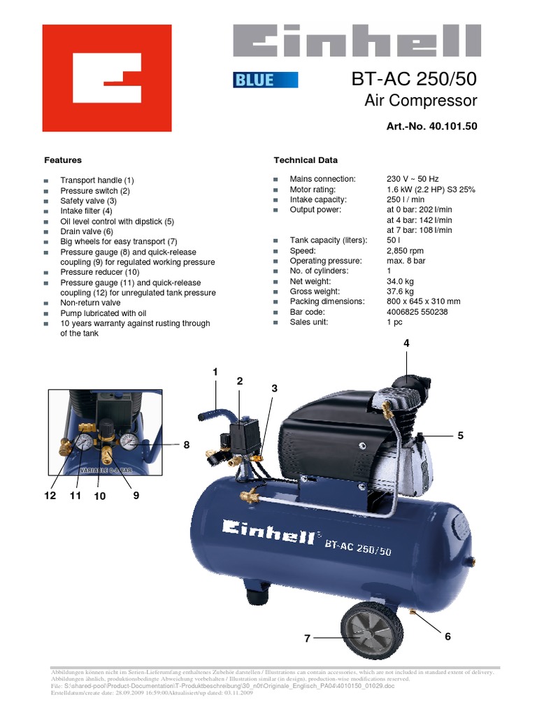 BTAC 250/50 Air Compressor Technical Specifications and Features PDF