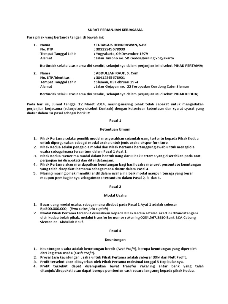Contoh Format Surat Perjanjian Kontrak Kerjasama