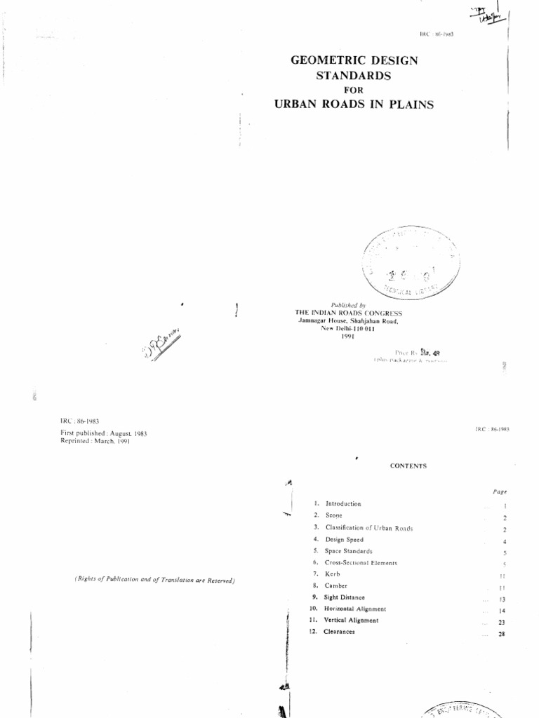 IRC 086 1983 Geometric Design Standards For Urban Roads In Plains 