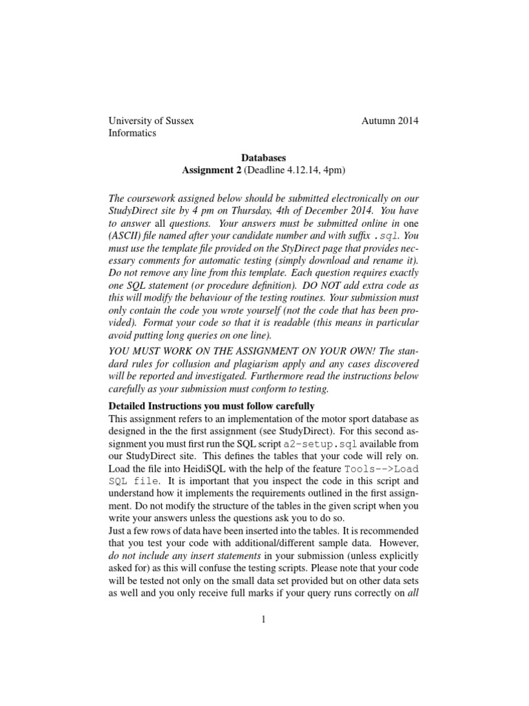 Sussex University SQL Assignment 2 | PDF | Sql | Scientific Modeling