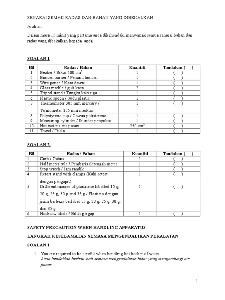 Senarai Semak Radas Dan Bahan Yang Dibekalkan | PDF | Metode & Bahan Ajar