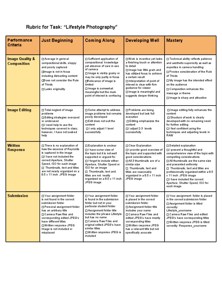 lifestyle photography rubric Raw Image Format Composition (Visual Arts)