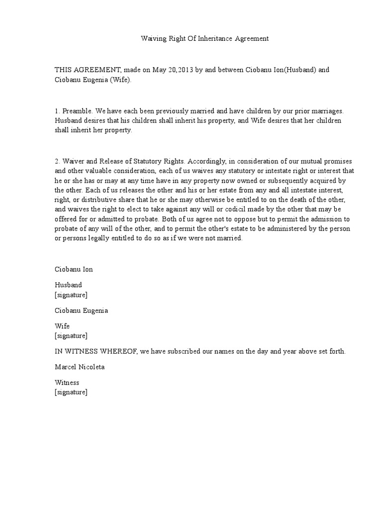 Waiver of Inheritance Rights Agreement | PDF