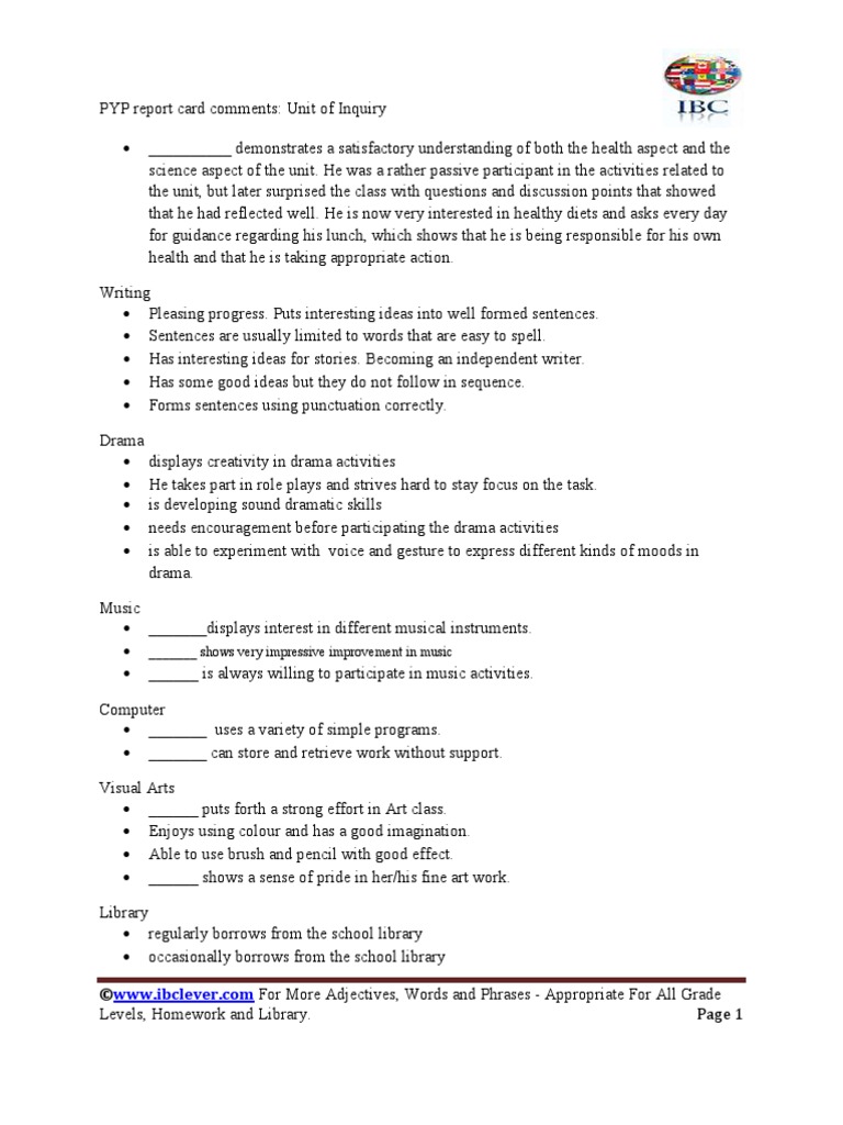 Report Card Comments | Teachers | Cognitive Science