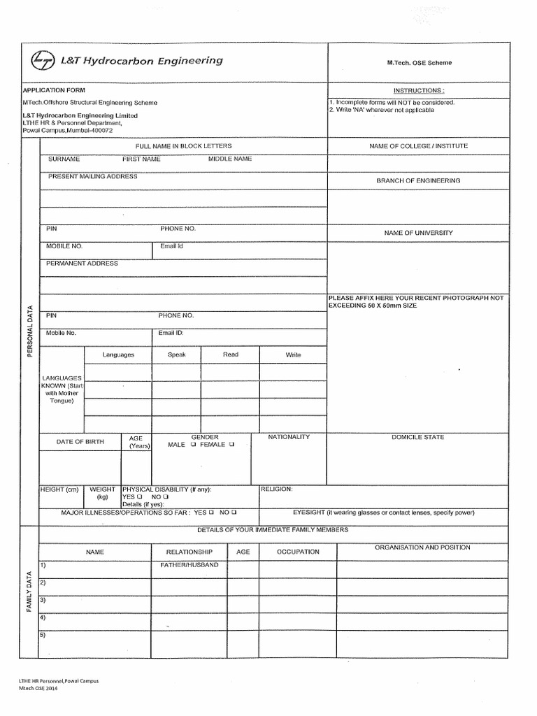 MTech OSE Application Form 2014 | PDF