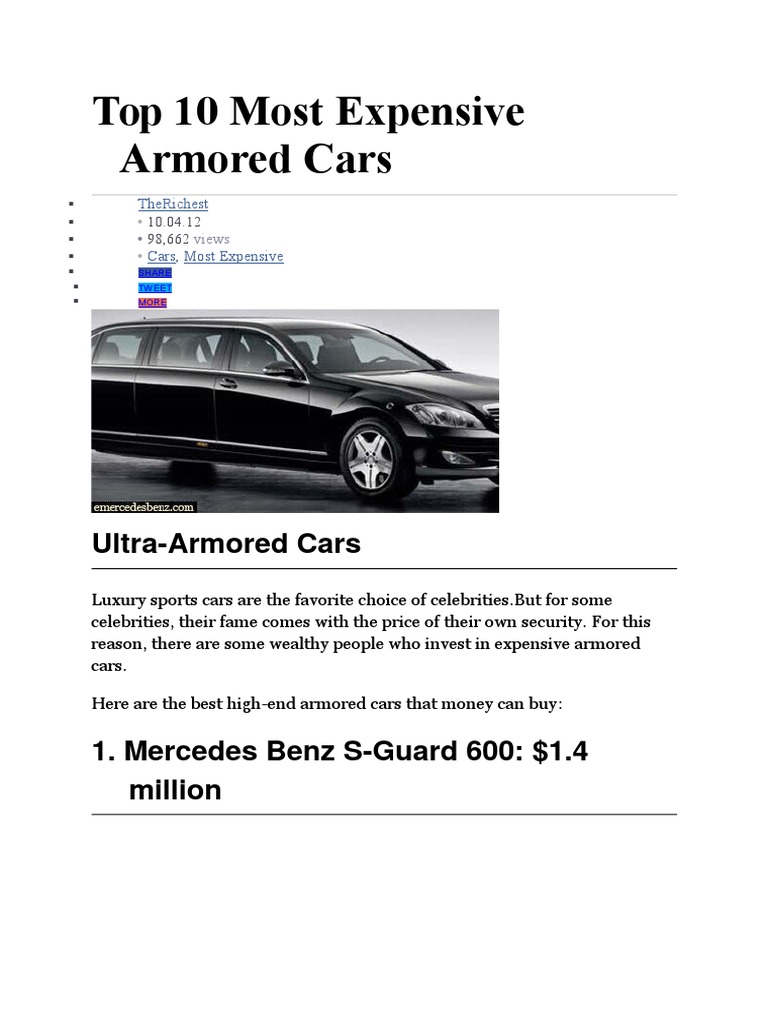 Top 10 Most Expensive Armored Cars PDF Automotive Industry