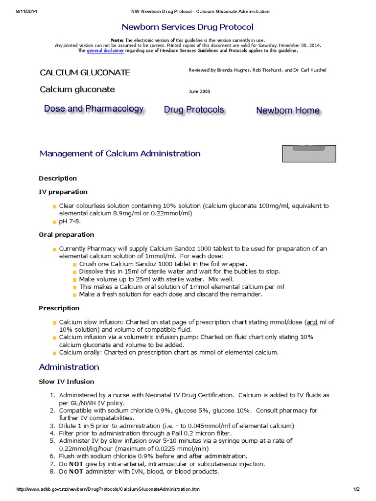 NW Newborn Drug Protocol Calcium Gluconate Administration