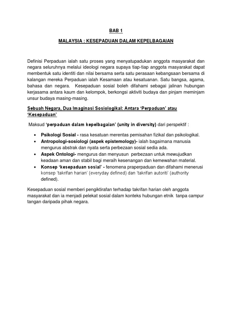 Bab 1 Malaysia Kesepaduan Dalam Kepelbagaian Pdf