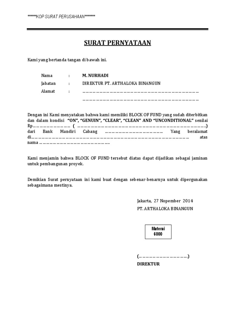 Surat Pernyataan Block of Fund