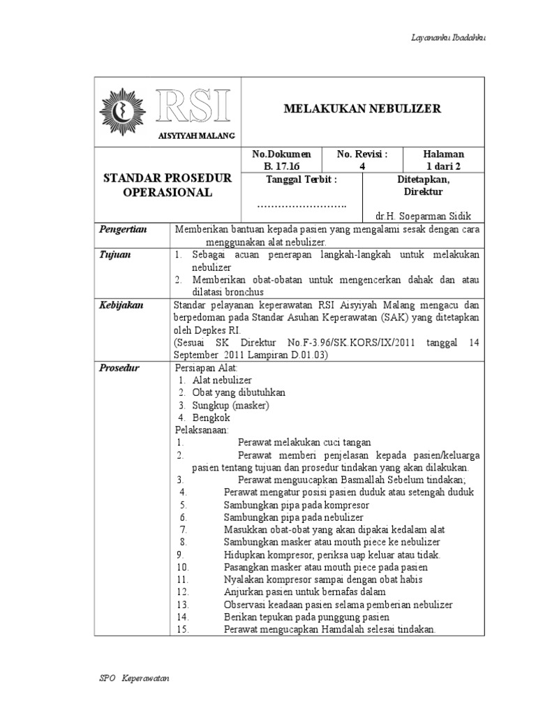 Prosedur Nebulizer di RSI Aisyiyah Malang | PDF