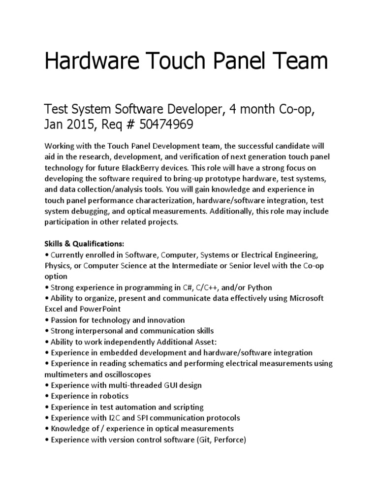 Touch Panel Software Developer Co-op | PDF