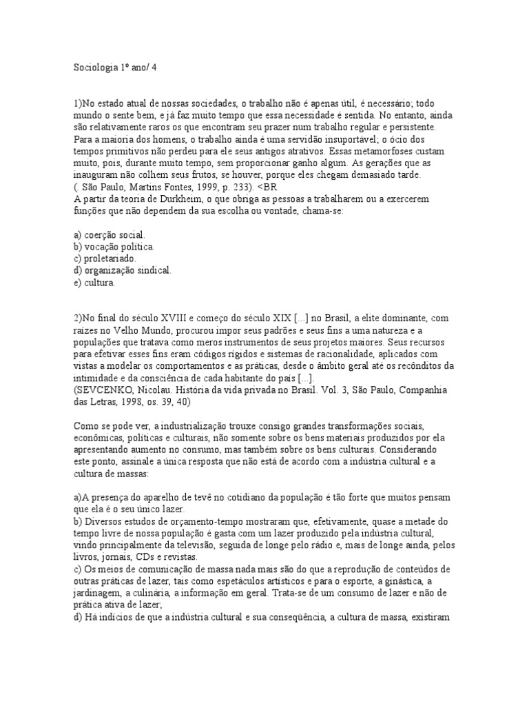Prova de Sociologia 1º ano 4ºB | Émile Durkheim | Sociologia