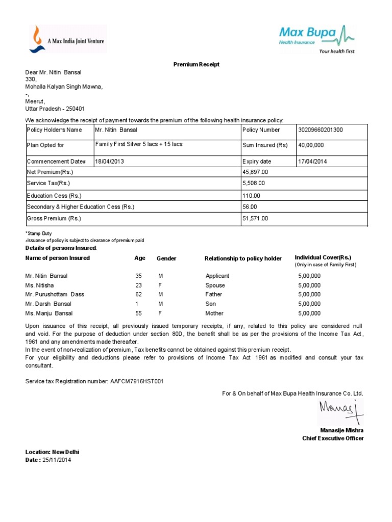 Health Insurance Premium Receipt Insurance