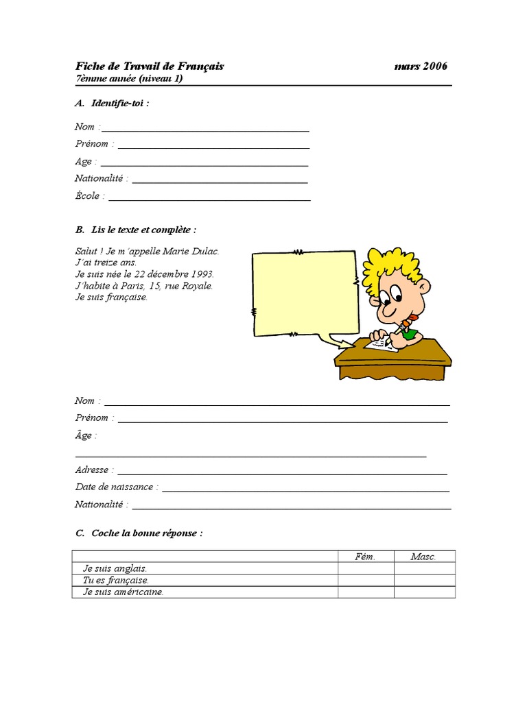 Fiche de Travail de Français A1 | PDF