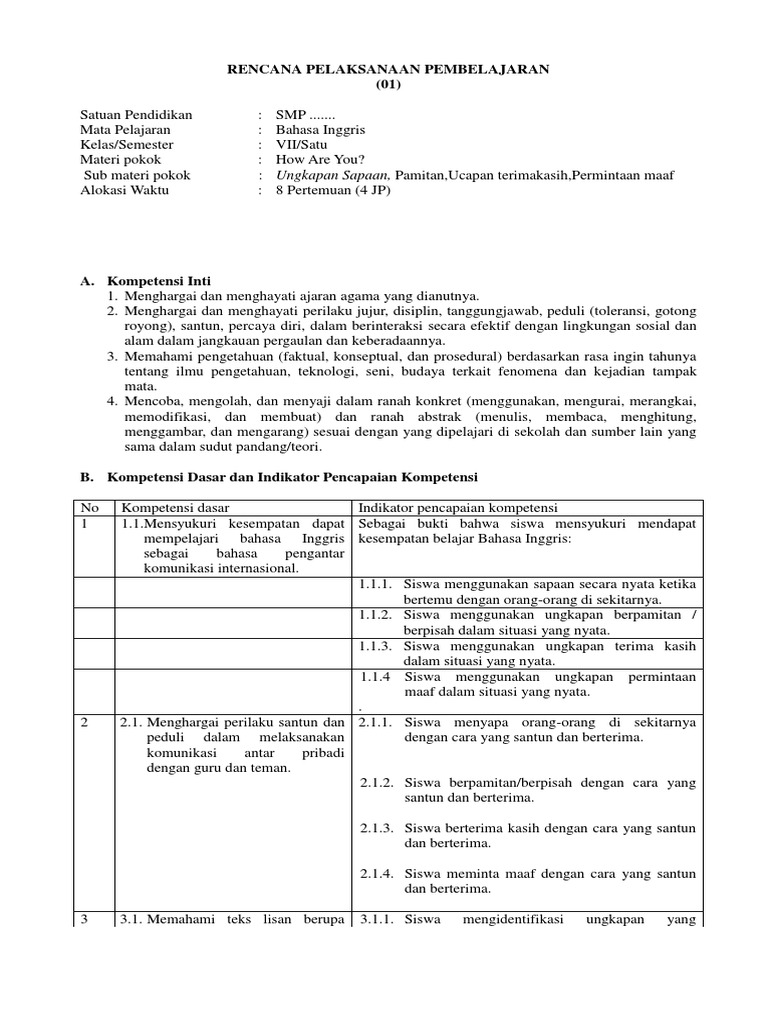 RPP Bahasa Inggris Kelas VII