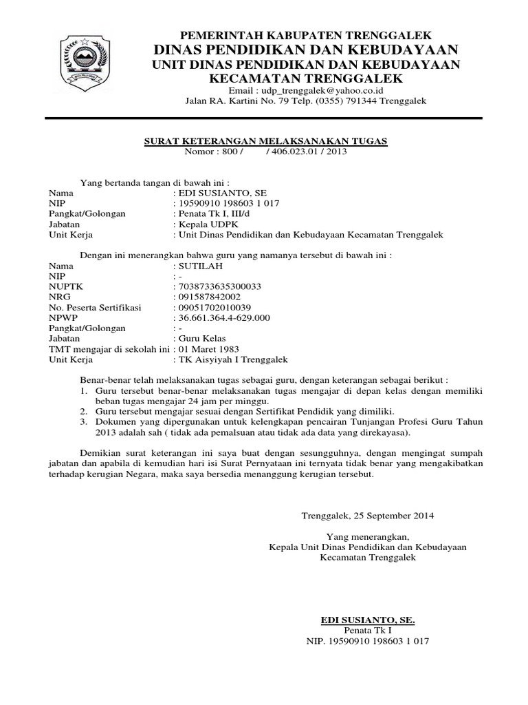 Surat Keterangan Melaksanakan Tugas