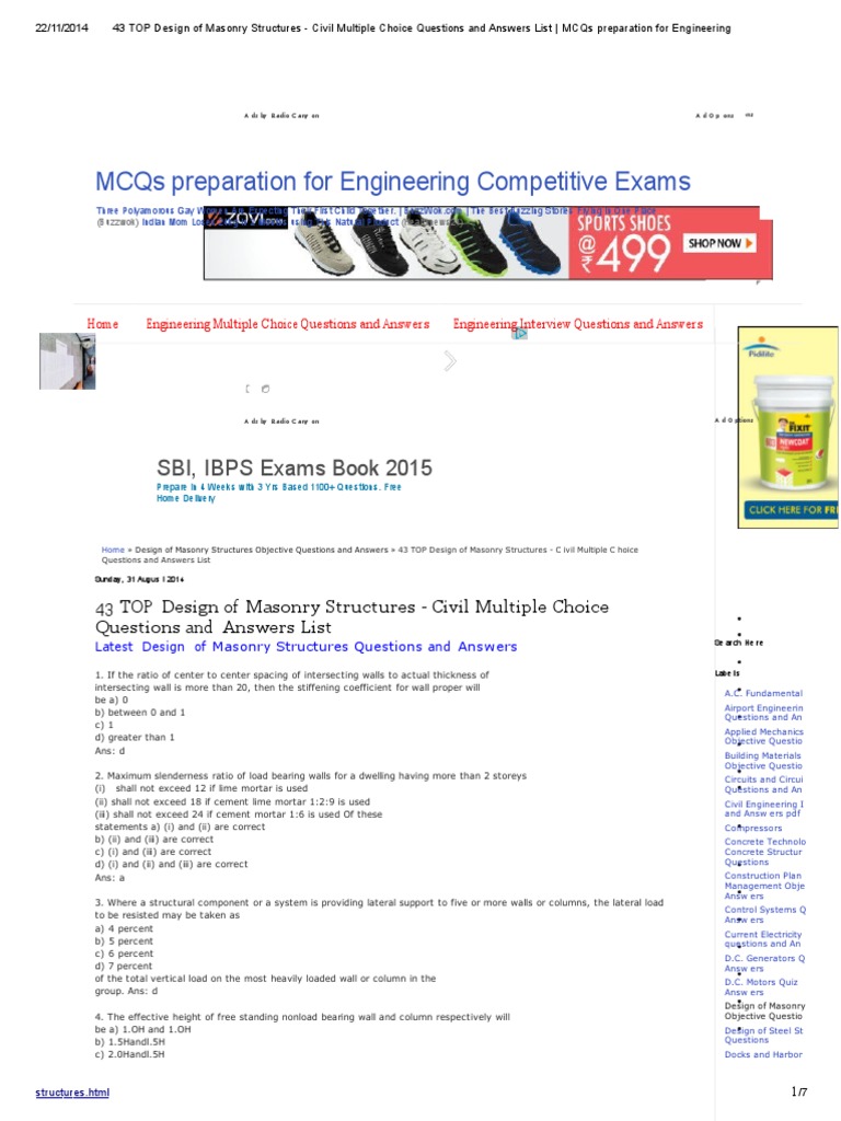 Esign of Masonry Structures Civil Multiple Choice Questions and Answers List MCQs