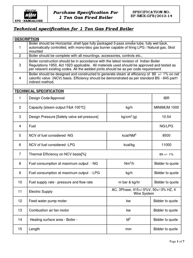 Specification for Gas Fired Boiler Boiler Energy Technology