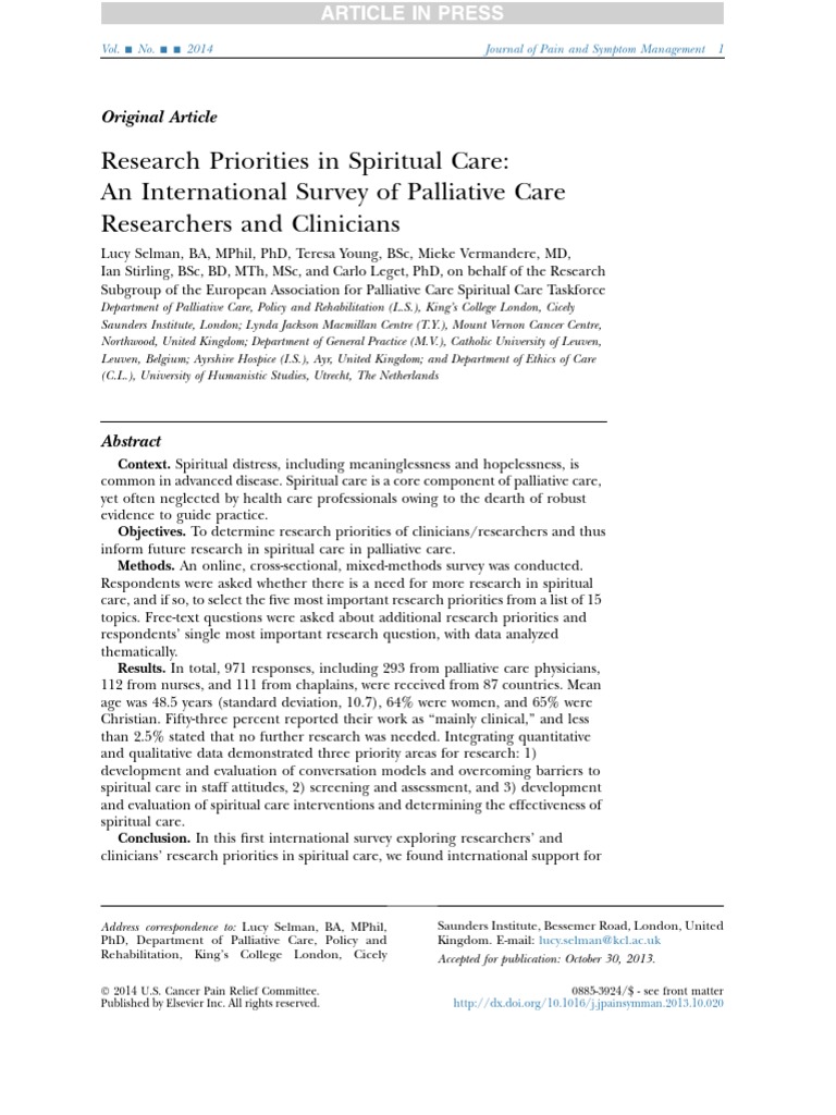 Research Priorities in Spiritual Care | PDF | Palliative Care | End Of ...