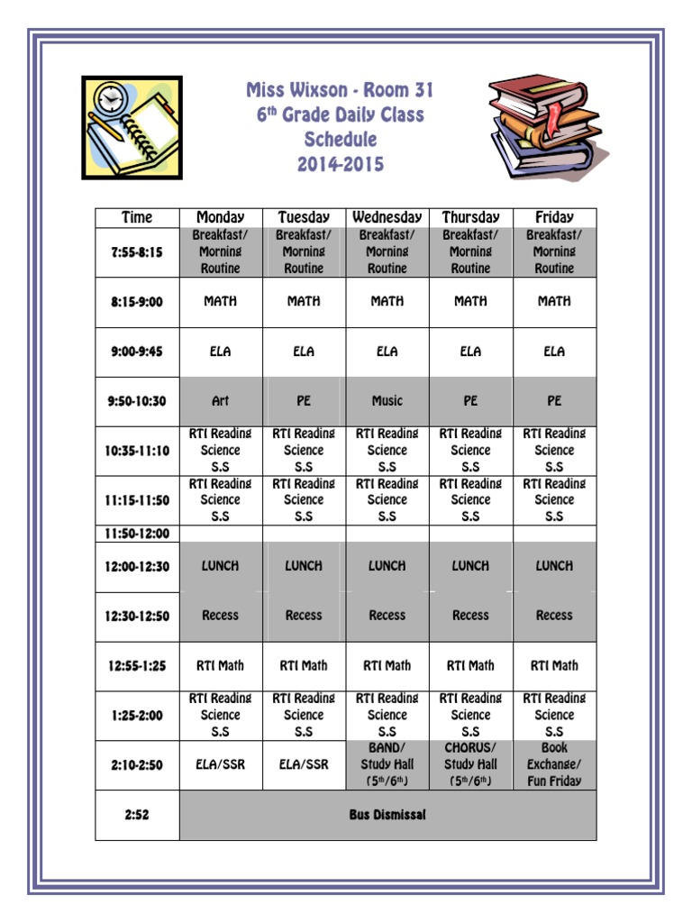 6th Grade Daily Class Schedule | PDF | Foreign Language Studies | Art