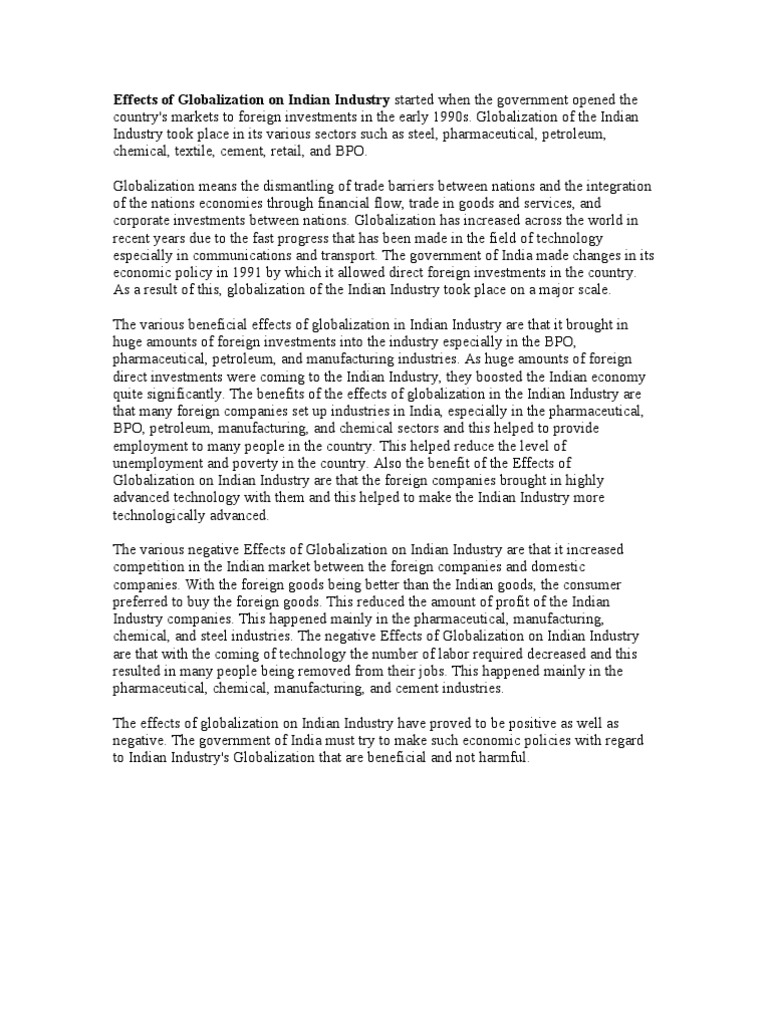 Impact of Globalization on Indian Industry | PDF | Industries | Economy ...