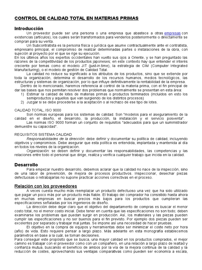 Control de Calidad Total en Materias Primas  Quality 