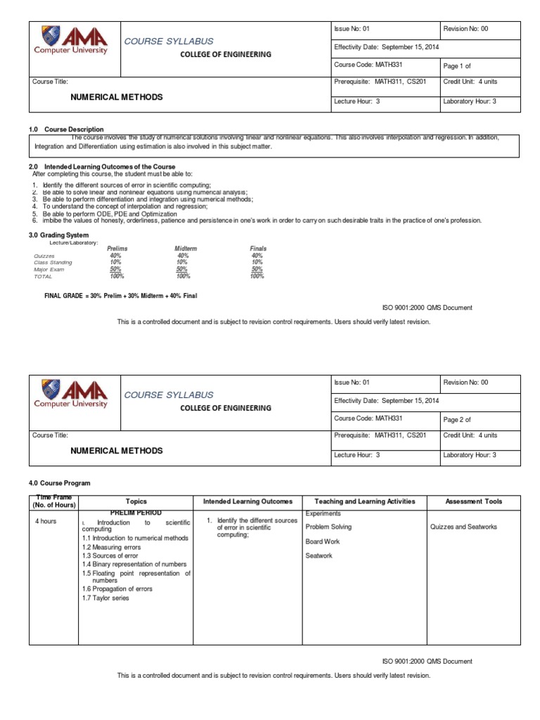 Course Syllabus Numerical Methods PDF Numerical Analysis Partial