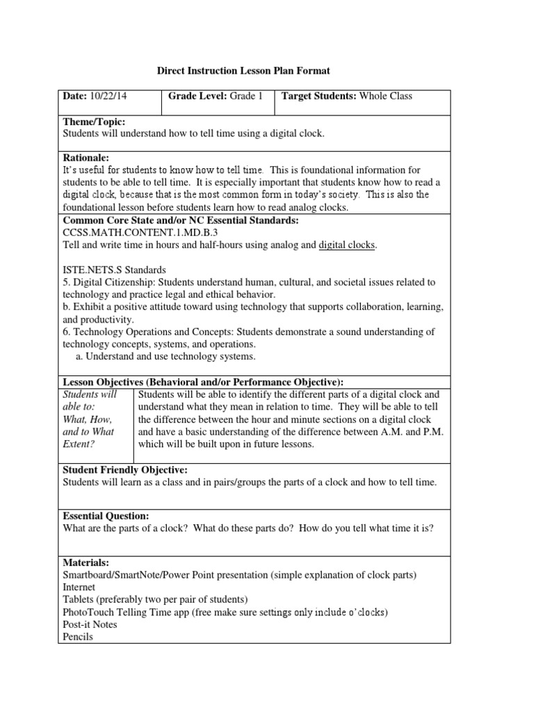 Time Lesson Plan Lesson Plan Clock