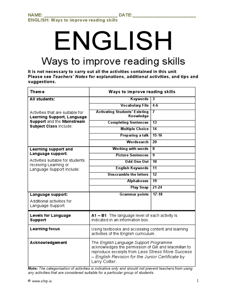 English Topic Ways to Improve Reading Skills English Language Plural