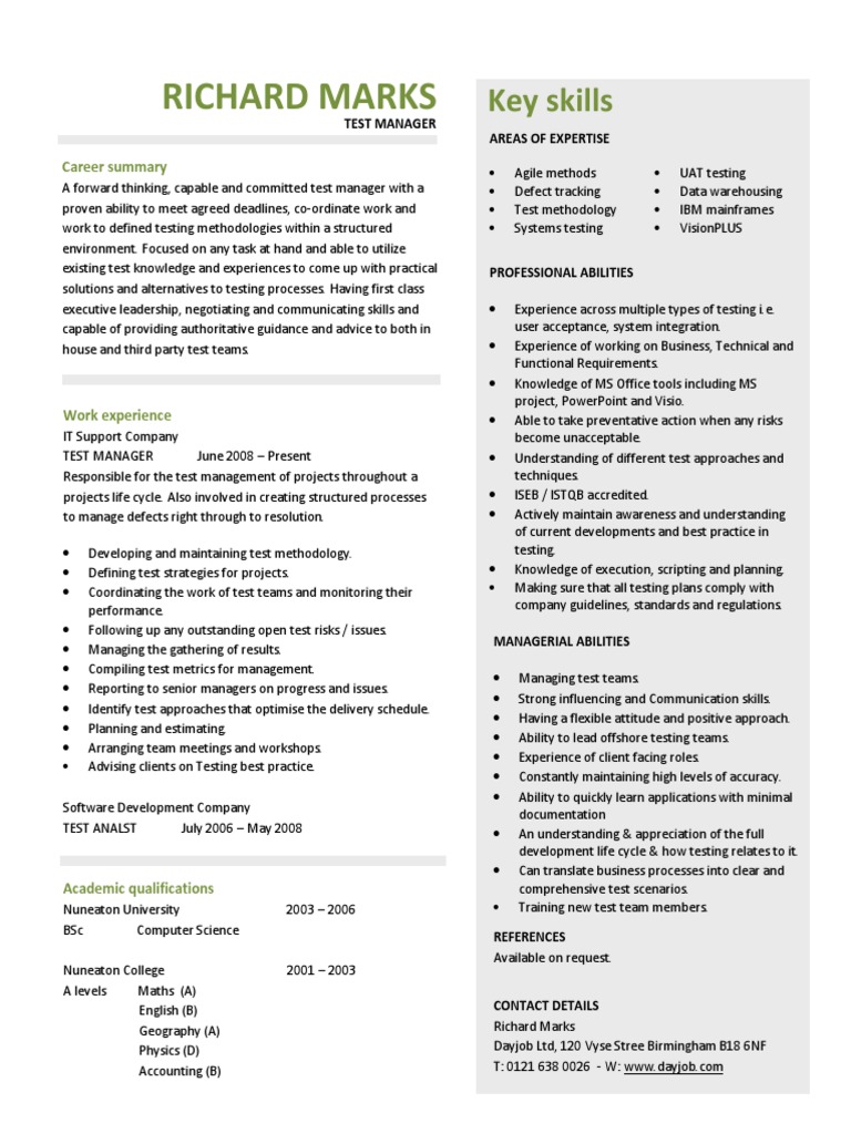 Test Manager CV Template Product Lifecycle Résumé